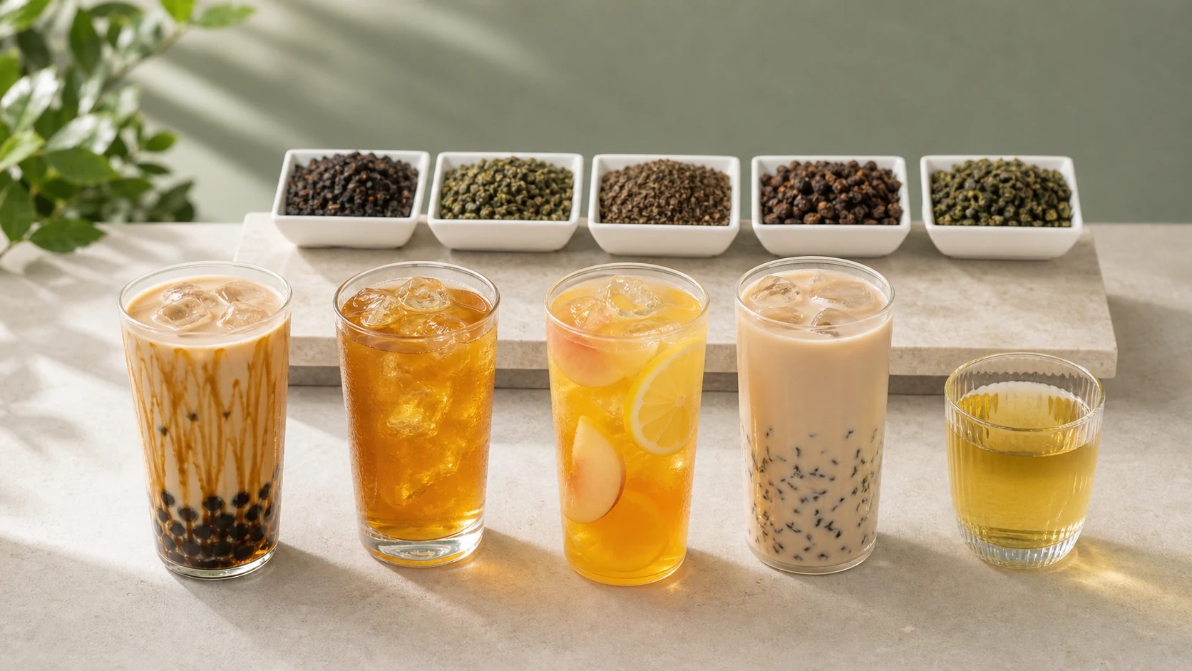 FEISHUIJI modern tea beverage menu with oolong milk tea, fruit tea, cold brew tea and dry tea-base samples