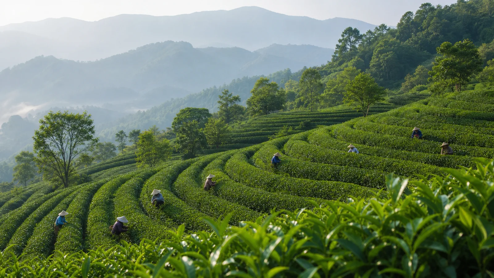 Tea workers harvesting fresh oolong leaves across curved mountain tea rows in Fujian