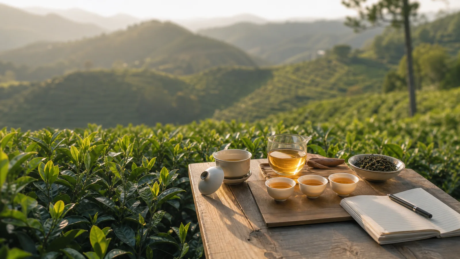 Outdoor oolong tea tasting table with amber tea liquor in a Fujian tea garden