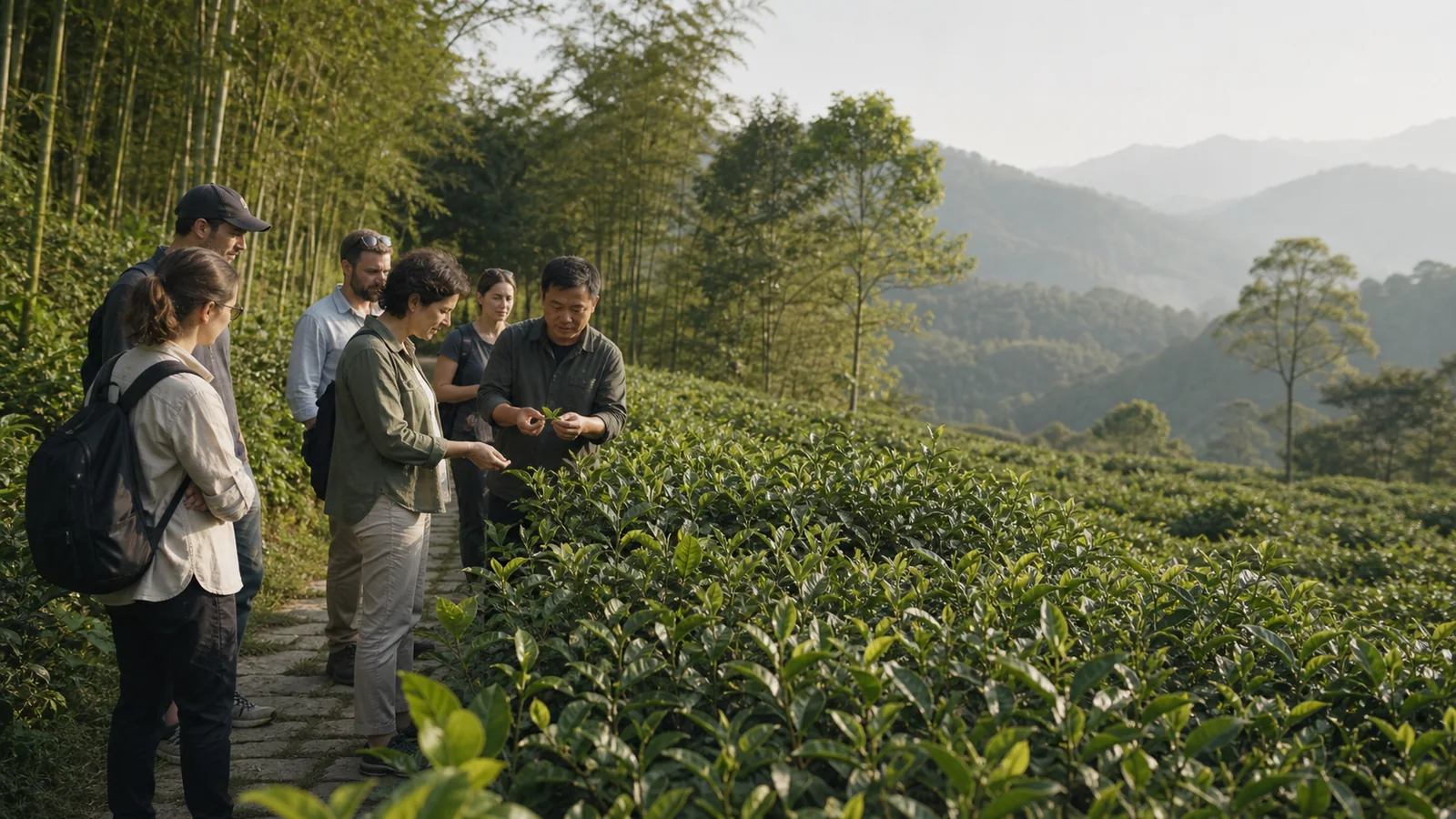 International buyers reviewing oolong tea leaves with a Fujian tea technician in a mountain tea garden